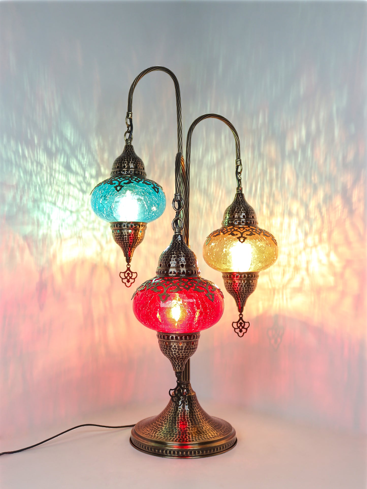 3 Globes Turkish Swan Neck Mosaic Glass Table Lamp ,Cracked Pattern Tree Model