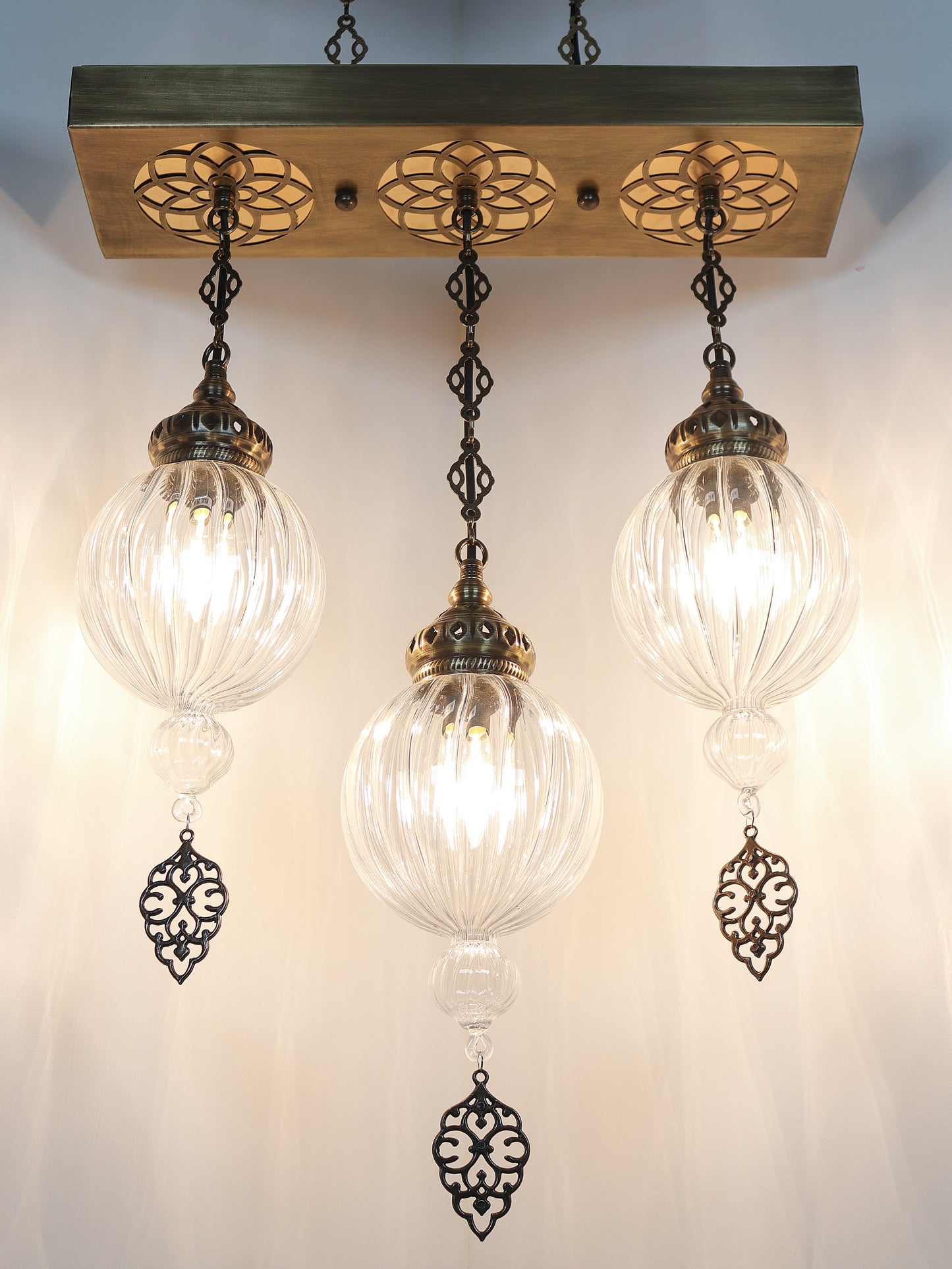 Turkish Pyrex Blown Glass Chandelier 3 Globe