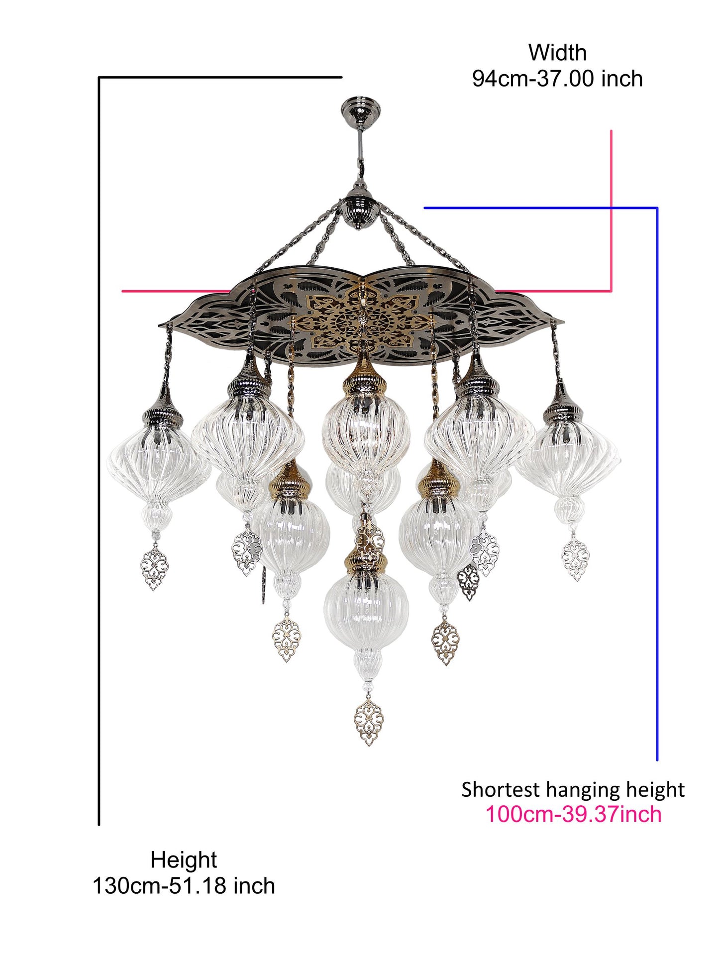 Turkish Pyrex Blown Glass Chandelier 11 Globe