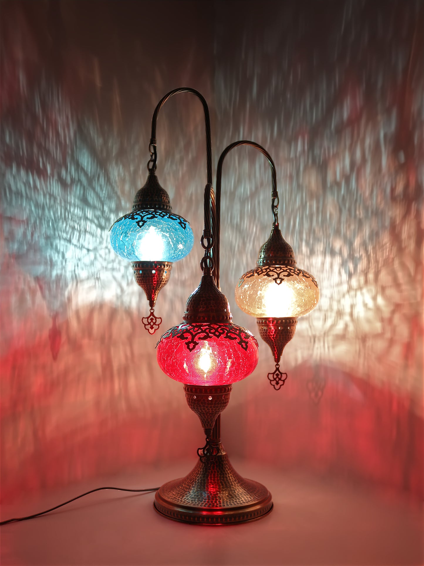 3 Globes Turkish Swan Neck Mosaic Glass Table Lamp ,Cracked Pattern Tree Model